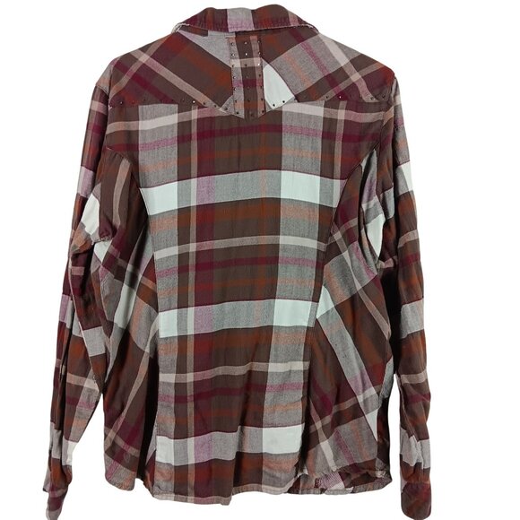Cowgirl Up Womens Size XL Brown Plaid Western Shirt Pearl Snap With Rhinestone - Picture 3 of 10